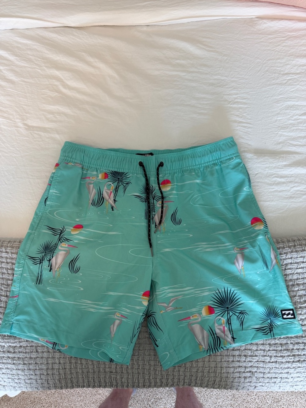 Billabong Teal Pelican & Palm Print Swim Shorts